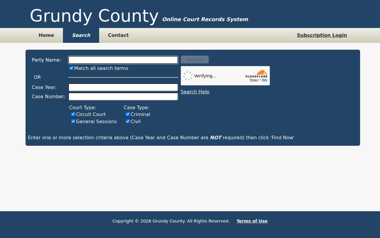 Empty Grundy County public case search form with its available fields