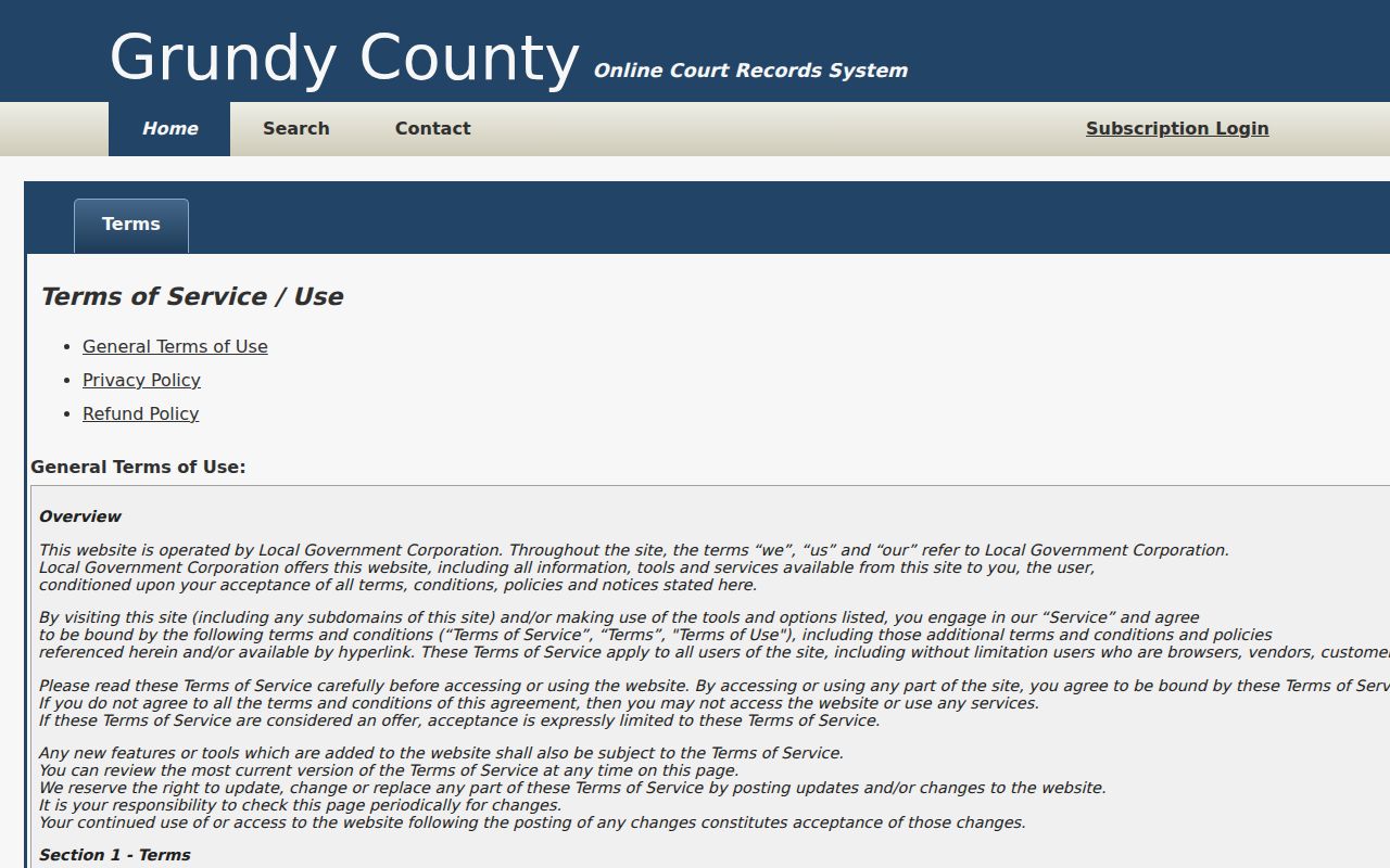 Terms page for the Grundy County TNCrtInfo portal