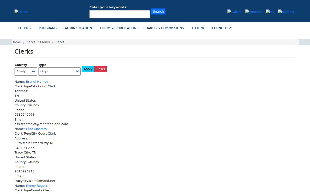 Tennessee courts directory entries for municipal court clerks serving Grundy County cities