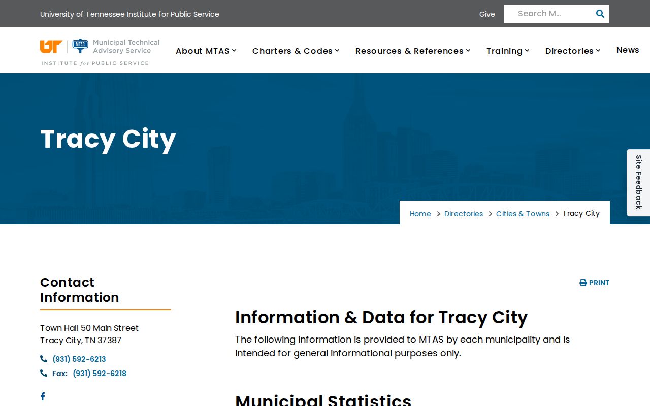 Municipal directory entry for Tracy City court and police contacts