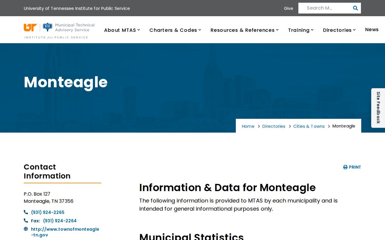 Municipal profile listing Monteagle city offices and police contacts