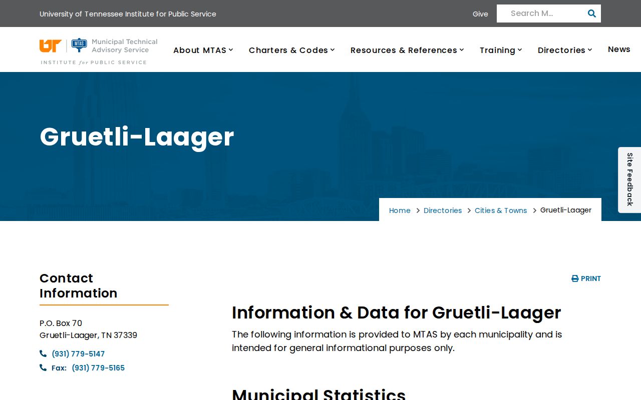 MTAS profile page for Gruetli-Laager city offices and municipal contacts