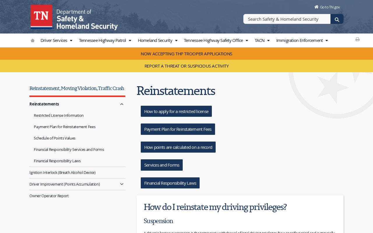 Tennessee Department of Safety information about compliance after failure to appear