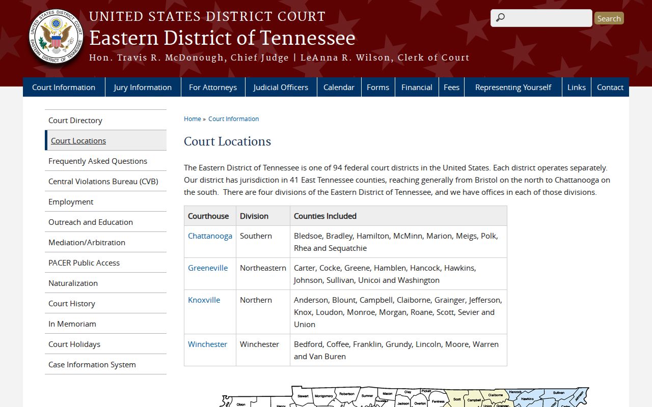 Eastern District of Tennessee page showing Winchester Division county coverage
