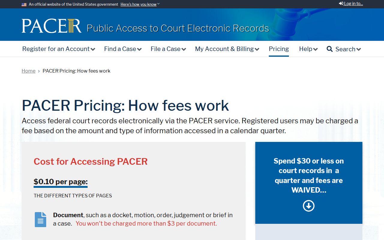 Official PACER page explaining federal docket access pricing