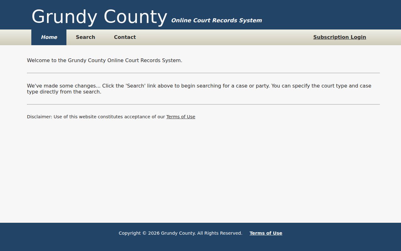 Grundy County TNCrtInfo portal home with public search navigation