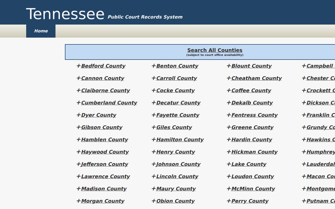 Tennessee public court records system county and court list